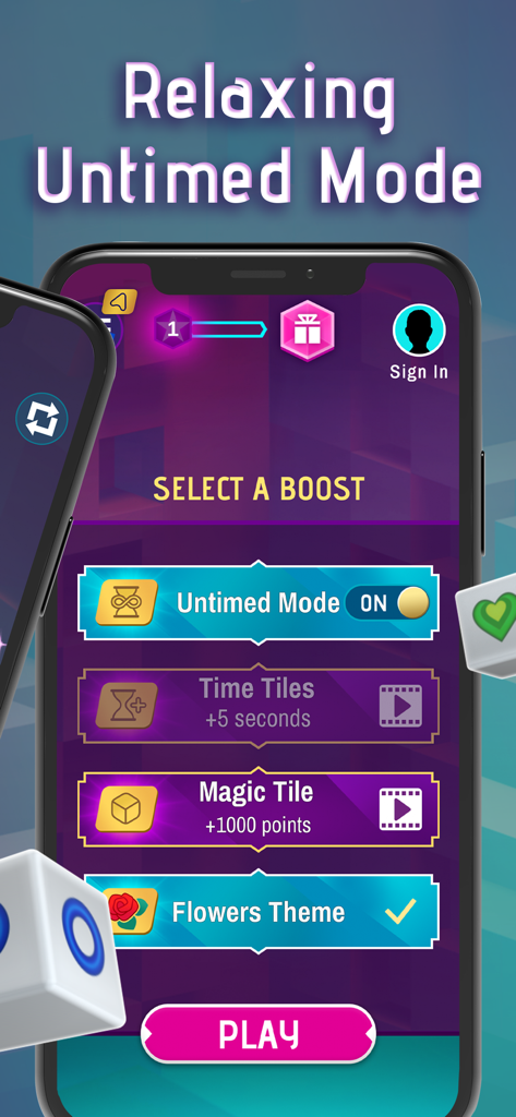 Mahjong Dimensions - 3D Cube - Interface of Mahjong Dimensions 3D Cube app showing the untimed mode and boost selection screen