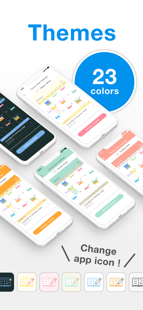 Simple Notes - Notepad Manager - Showcase of 23 different color themes and customizable app icons for the Simple Notes app.