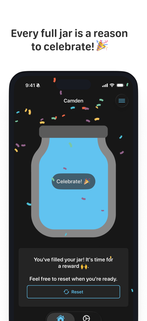 Star Jar - Happy Habits - A digital reward jar filled with stars and confetti animation celebrating a completed child behavior goal