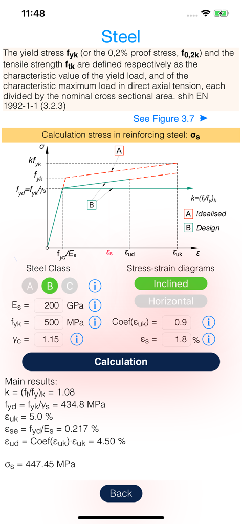 Aplicación móvil RCSection que muestra el cálculo de la tensión del acero de refuerzo y el diagrama tensión-deformación para Eurocódigo 2.
