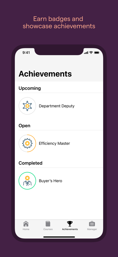 Zunos mobile app achievements screen displaying sales training badges like Efficiency Master and Buyer Hero