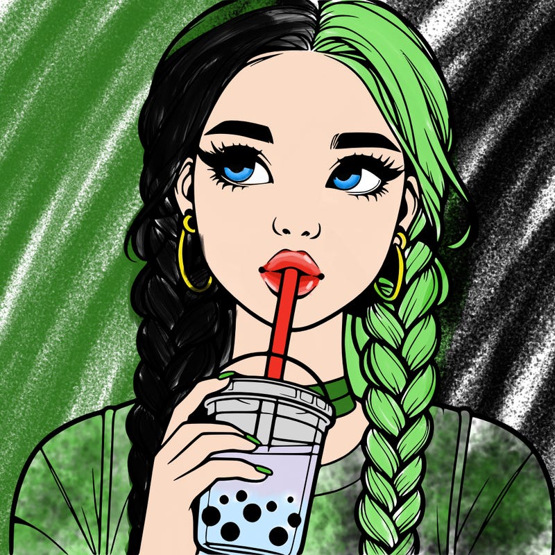 realistic girl with braided hair drinking boba