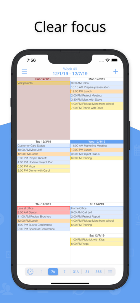 miCal - The missing Calendar - Una visualizzazione settimanale del calendario nell'app miCal che mostra appuntamenti e attività codificati a colori.