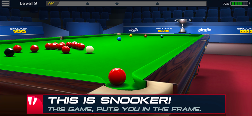 Jugabilidad realista en una mesa de snooker 3D en un estadio con iluminación profesional y trofeo de campeonato.