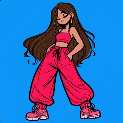 girl in baggy pants crop top and long hair