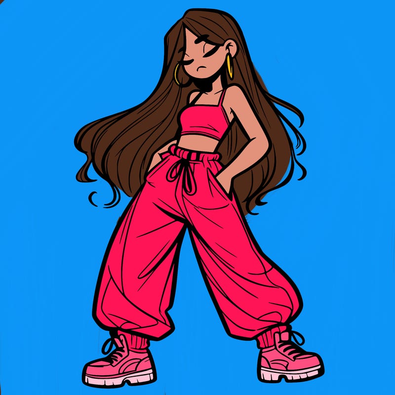 girl in baggy pants crop top and long hair