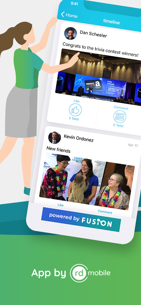 Engagefully - The Engagefully app timeline interface showing social posts and photos shared by event attendees.