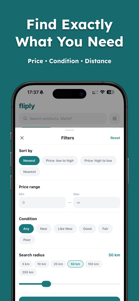Una pantalla móvil que muestra filtros de búsqueda para la aplicación marketplace Fliply, incluyendo opciones de rango de precios, condición y radio de búsqueda