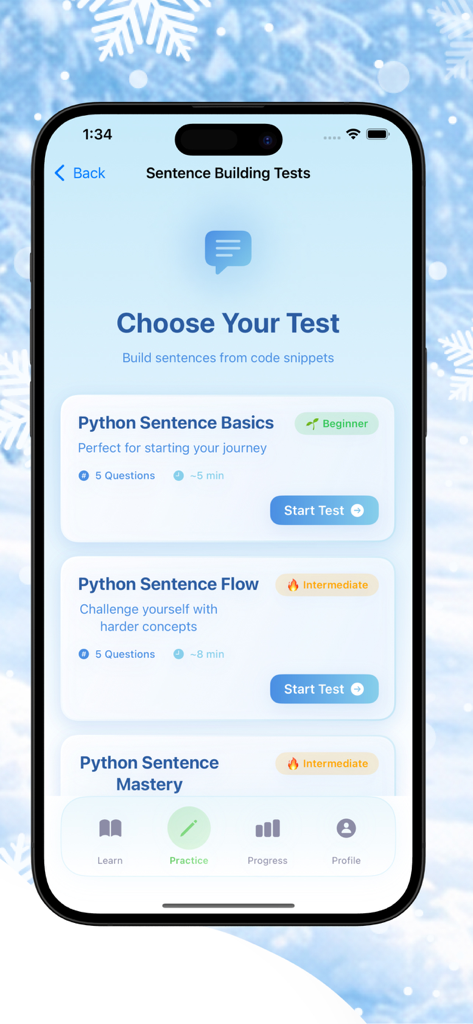 Ice Stack - Pantalla de pruebas de práctica de Python de la aplicación Ice Stack que muestra pruebas de construcción de oraciones para aprender Python con niveles para principiantes e intermedios.