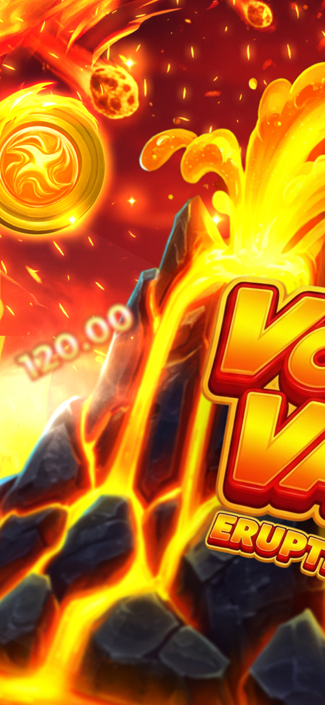 Volcano Vault: Erupting Riches - Un volcán en erupción vibrante con monedas de oro y lava brillante en una interfaz de juego móvil.
