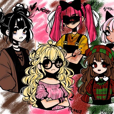 group of 5 anime girls one has a messy bun and she's lazy second has a pigtails with nerd like glasses third one is a emo punk with hair covering her eyes  4th one is a normal animal girl and the last one is shy but kind