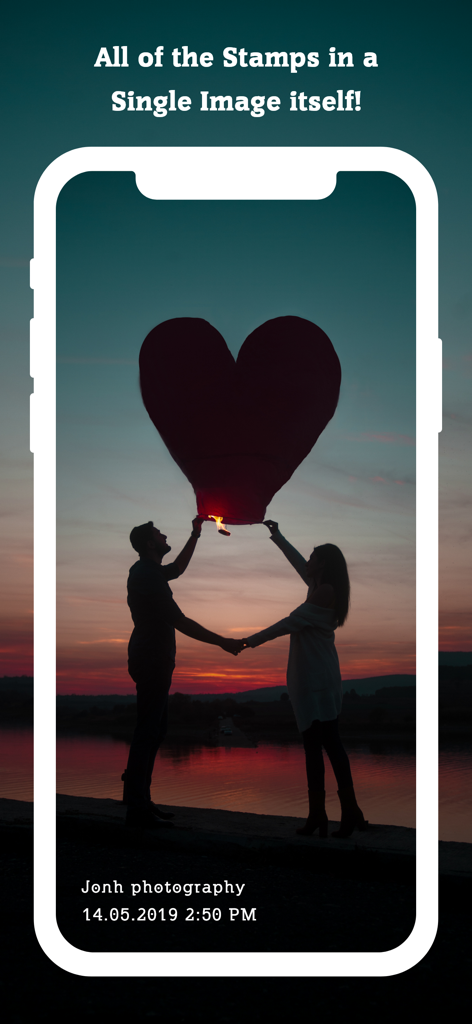 Auto Date Stamper for Photo - Pantalla de iPhone que muestra una foto con una firma personalizada y un sello de fecha y hora