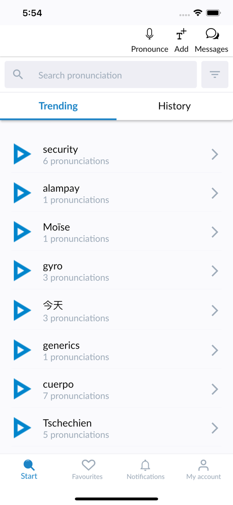 Screenshot of the Forvo Pronunciation app showing a search bar and a list of trending words in various languages like English, Chinese, and Spanish.