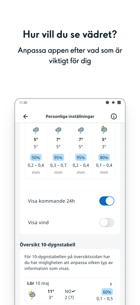 Pantalla que muestra opciones de personalización en la aplicación meteorológica SMHI Vader para preferencias meteorológicas personales