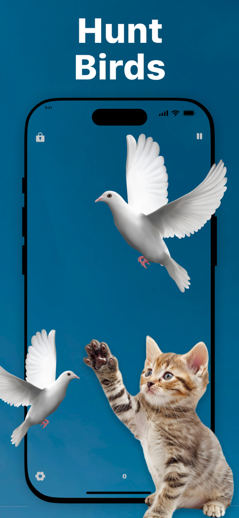 Games for Cats & Kitty - A kitten reaching for white birds in the Hunt Birds game mode on a smartphone