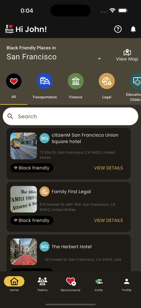 I Love Black People SafePlaces - Pantalla de la aplicación I Love Black People SafePlaces que muestra listados de negocios amigables con los negros en San Francisco.