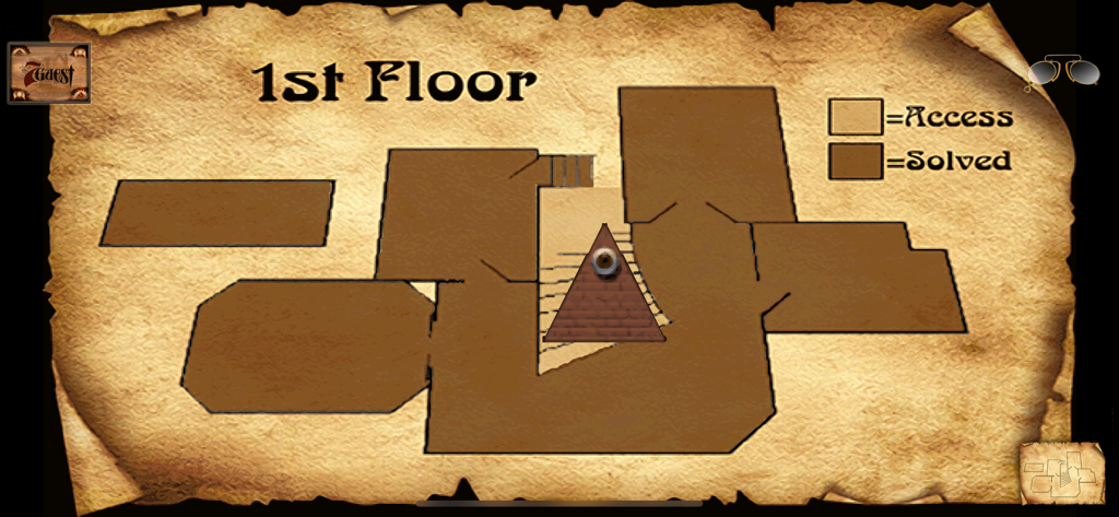 A map of the first floor in The 7th Guest Remastered displayed on aged parchment showing solved and accessible rooms