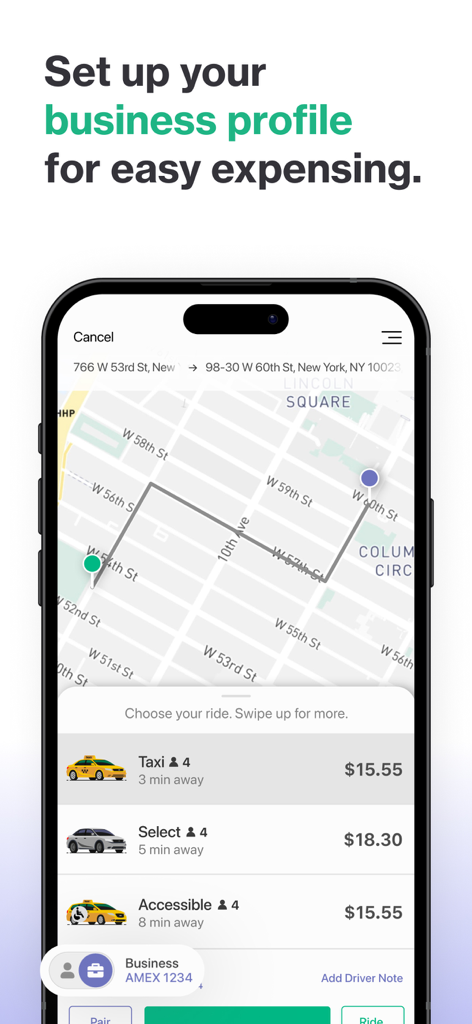 Interface do aplicativo Curb mostrando a configuração do perfil de negócios para despesas de corrida com opções e preços de táxi em Nova York.