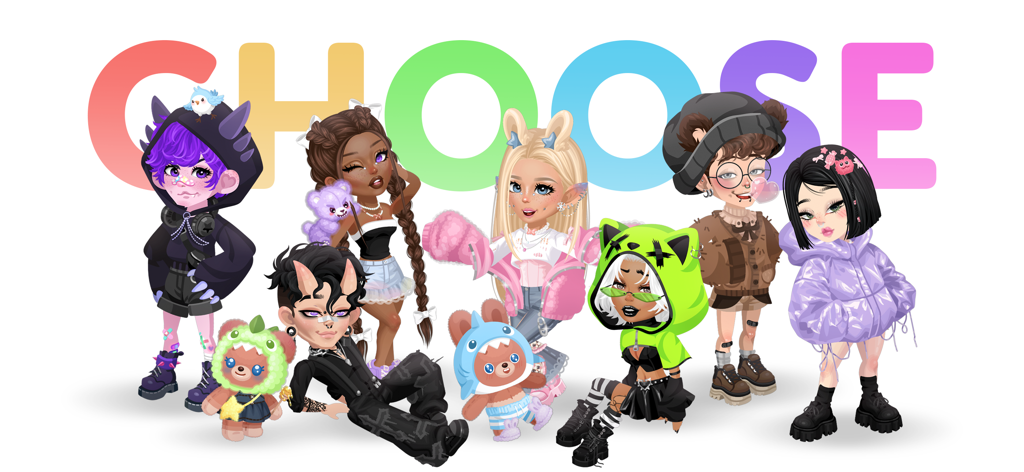 Highrise: Virtual Avatar Game - Un grupo de avatares virtuales diversos mostrando diferentes estilos de moda en Highrise