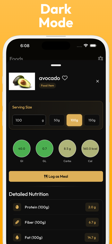Glycemic Index Guide Tracker - Glycemic Index Guide Tracker app interface in dark mode displaying nutritional values for an avocado