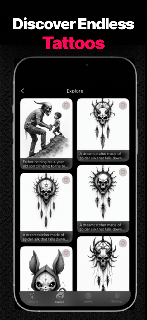 AI Tattoo Design: InkHunter - Uma tela de celular mostrando a galeria Explorar do AI Tattoo Design com vários esboços de tatuagem em preto e branco.