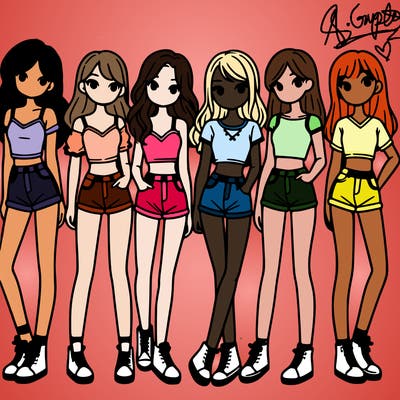 a group of girls wearing crop tops and shorts