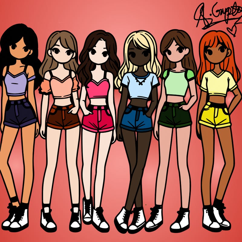 a group of girls wearing crop tops and shorts
