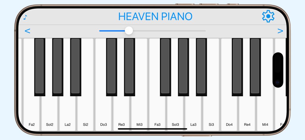 Heaven Piano - A mobile screen showing the Heaven Piano app virtual keyboard with note labels and navigation controls in landscape mode.