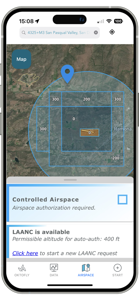 Map interface in Airdata UAV showing drone airspace restrictions and LAANC request details