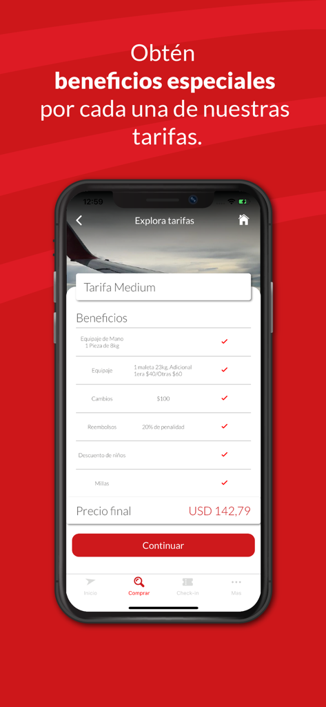 Uma captura de tela do aplicativo Avior Air exibindo os benefícios e o preço de uma reserva de voo com tarifa Média.