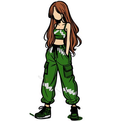 girl in baggy pants crop top and long hair