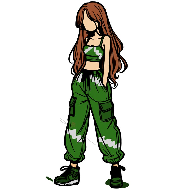 girl in baggy pants crop top and long hair