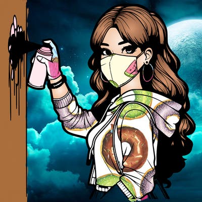 realistic girl with mask spray painting a wall