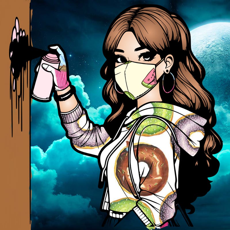 realistic girl with mask spray painting a wall