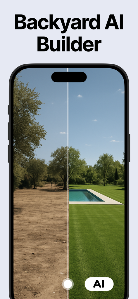 Landscape AI: AI Garden Design - Comparação antes e depois de um quintal seco transformado em um gramado exuberante com piscina usando IA