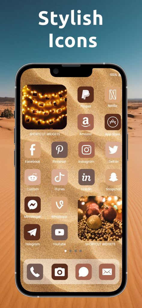 Shortcut Widgets: Custom Theme - Pantalla de inicio de iPhone con elegantes iconos estéticos marrones y widgets sobre un fondo de arena