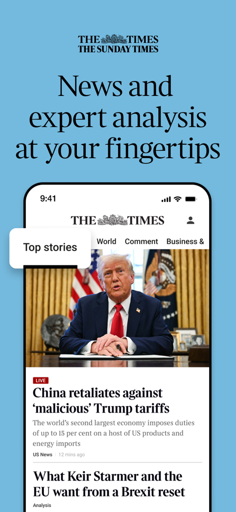 Interfaz de la aplicación móvil The Times mostrando titulares de noticias mundiales y análisis de expertos