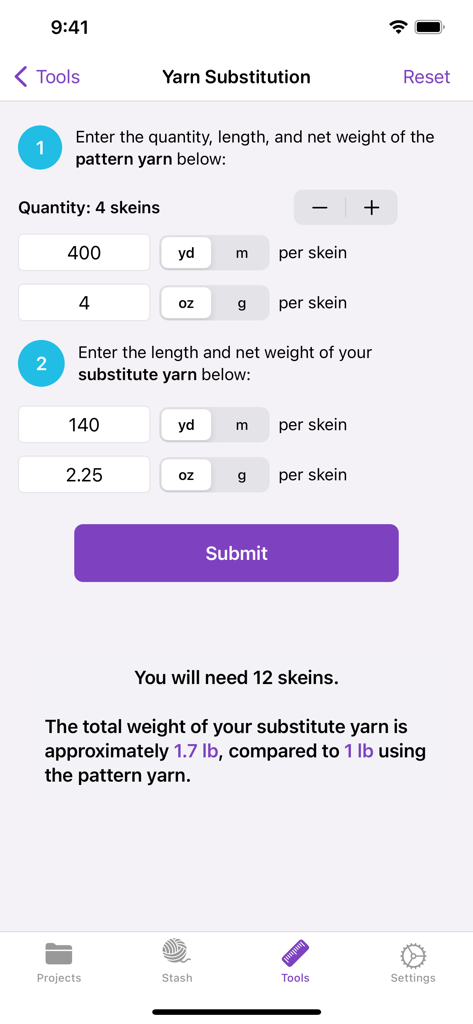 YarnBuddy app yarn substitution tool showing pattern and substitute yarn comparison