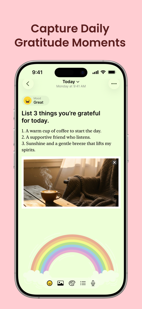 Gratitude: Self-Care Journal - A smartphone screen displaying a daily entry in the Gratitude app featuring a mood tracker and a list of personal reflections.