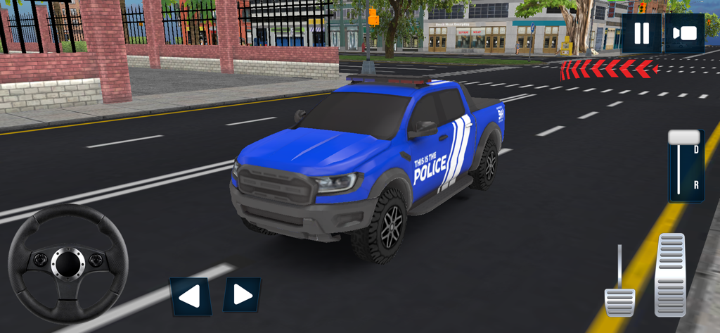 City Police Simulator: Cop Car - Una camioneta de policía azul conduciendo por una calle de la ciudad en un juego de simulación móvil con controles en pantalla.