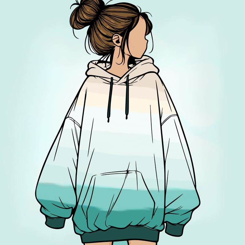 realistic girl with a oversized sweatshirt on and a bun