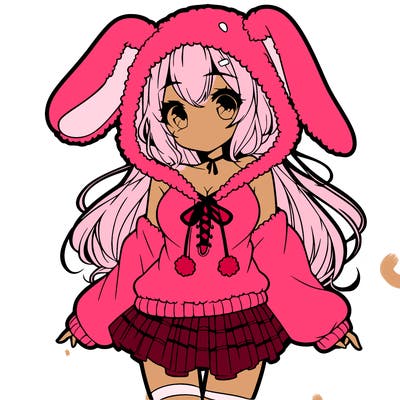 pretty anime girl wearing a fluffy hoodie with bunny ears on the hood and a skirt
