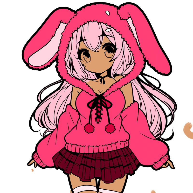 pretty anime girl wearing a fluffy hoodie with bunny ears on the hood and a skirt