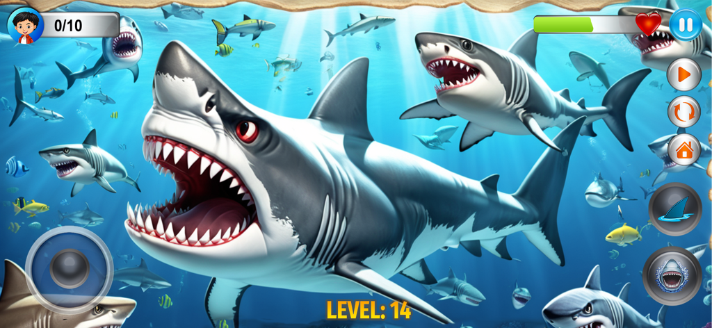 Angry Shark Simulator Games 3d - Angry Shark Simulator 3D gameplay showing a large white shark with its mouth open among a school of sharks underwater.