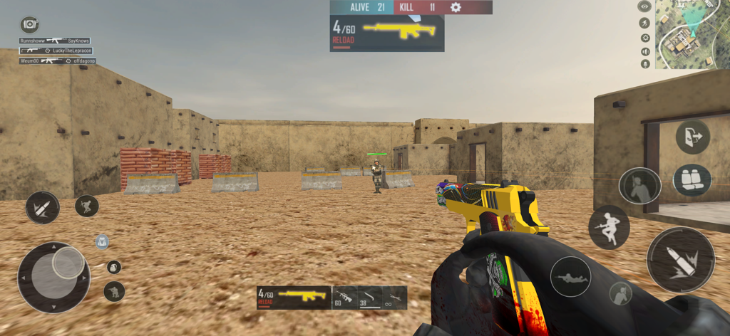 First person shooter gameplay showing a desert environment and a customized yellow handgun
