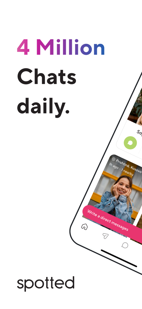 Spotted - Local Dating App - Spotted dating app promotional screen showing 4 million chats daily with a user profile preview