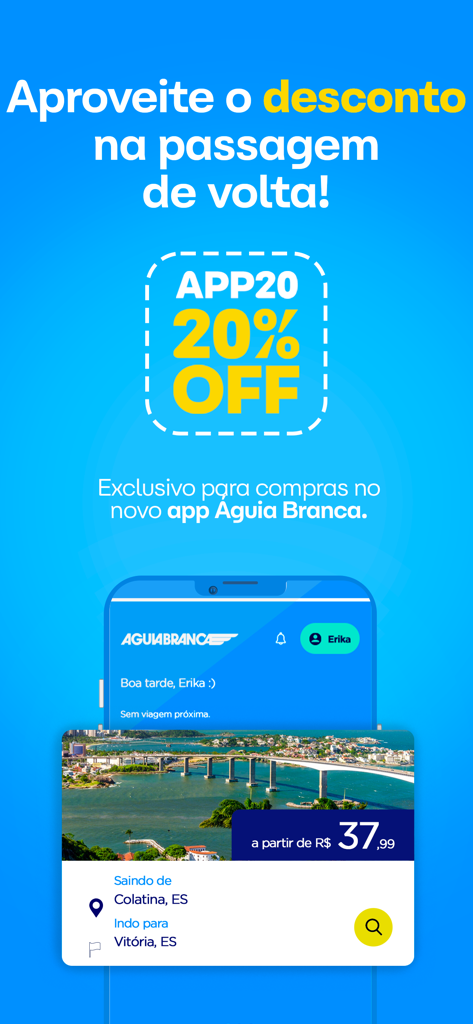 Águia Branca Passagens - Schermata promozionale dell'app Aguia Branca che offre il 20% di sconto sui biglietti di ritorno per autobus utilizzando il coupon APP20