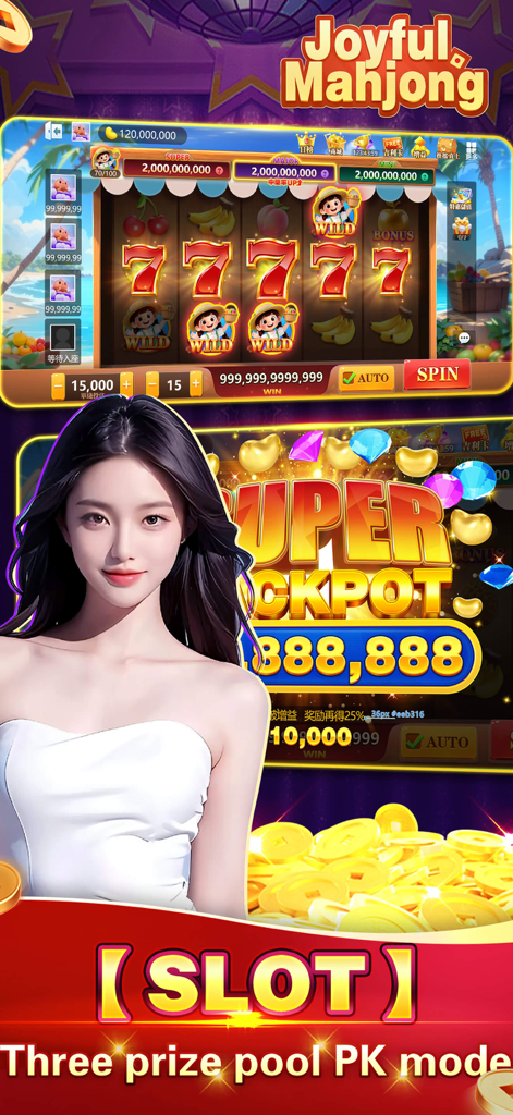 Joyful Mahjong - Lami、Casino - Application mobile Joyful Mahjong montrant la machine à sous avec des prix de super jackpot