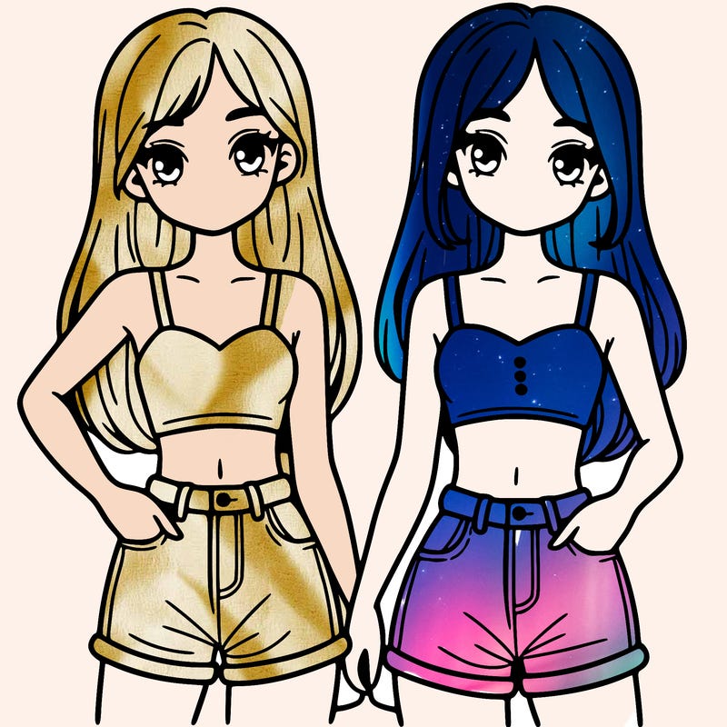 two sisters with crop tops and jean shorts and straight hair