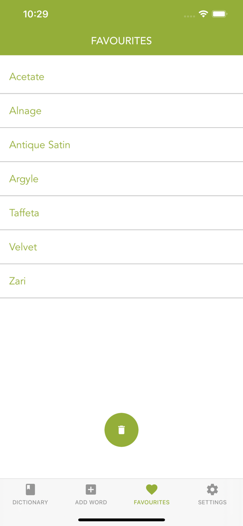 A screenshot of the favorites screen in the Fabric and Textile Dictionary app displaying a list of saved textile terms like Acetate and Velvet.